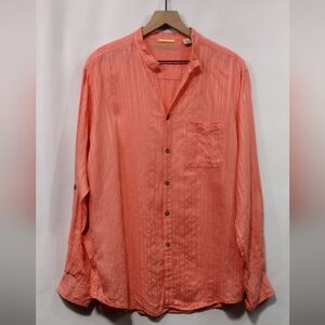 Caribbean Linen Blend Button Shirt Mens L Orange Retro 90s Y2K Casual Coastal
